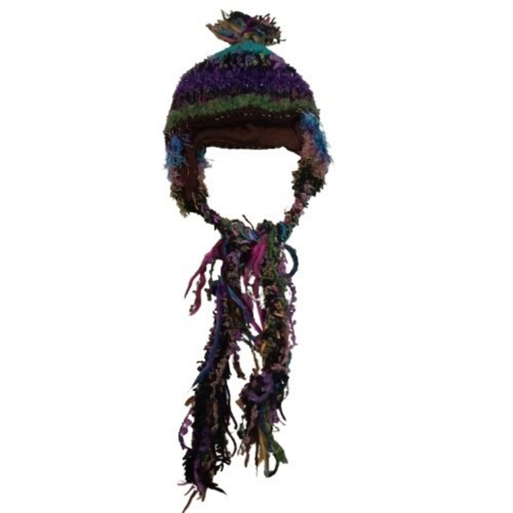 Handcrafted Style Textured Knit Earflap Hat Multi-Yarn Tassel Beanie Funky‎ Boho